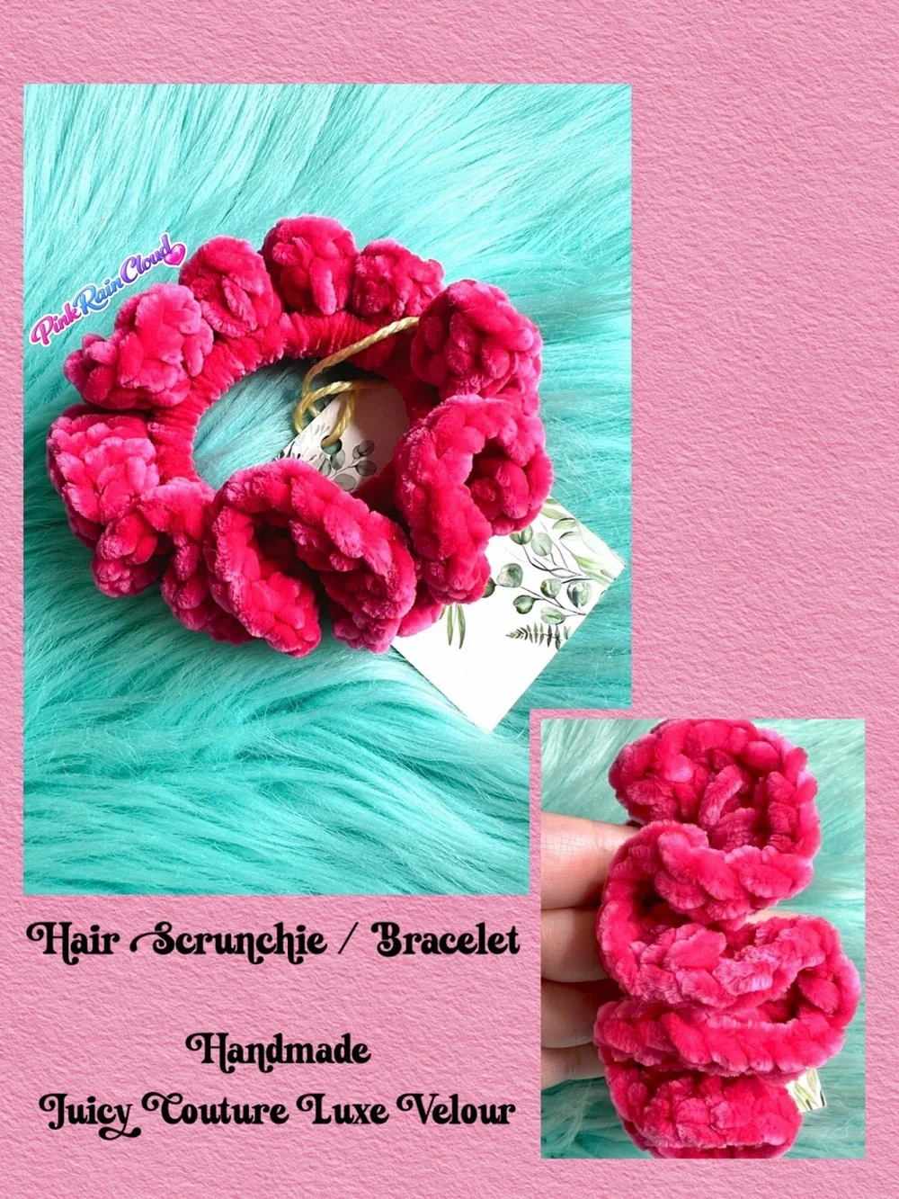 PinkRainCloud Handmade Luxe Velvet Hot Pink Crochet Plush Hair Scrunchie